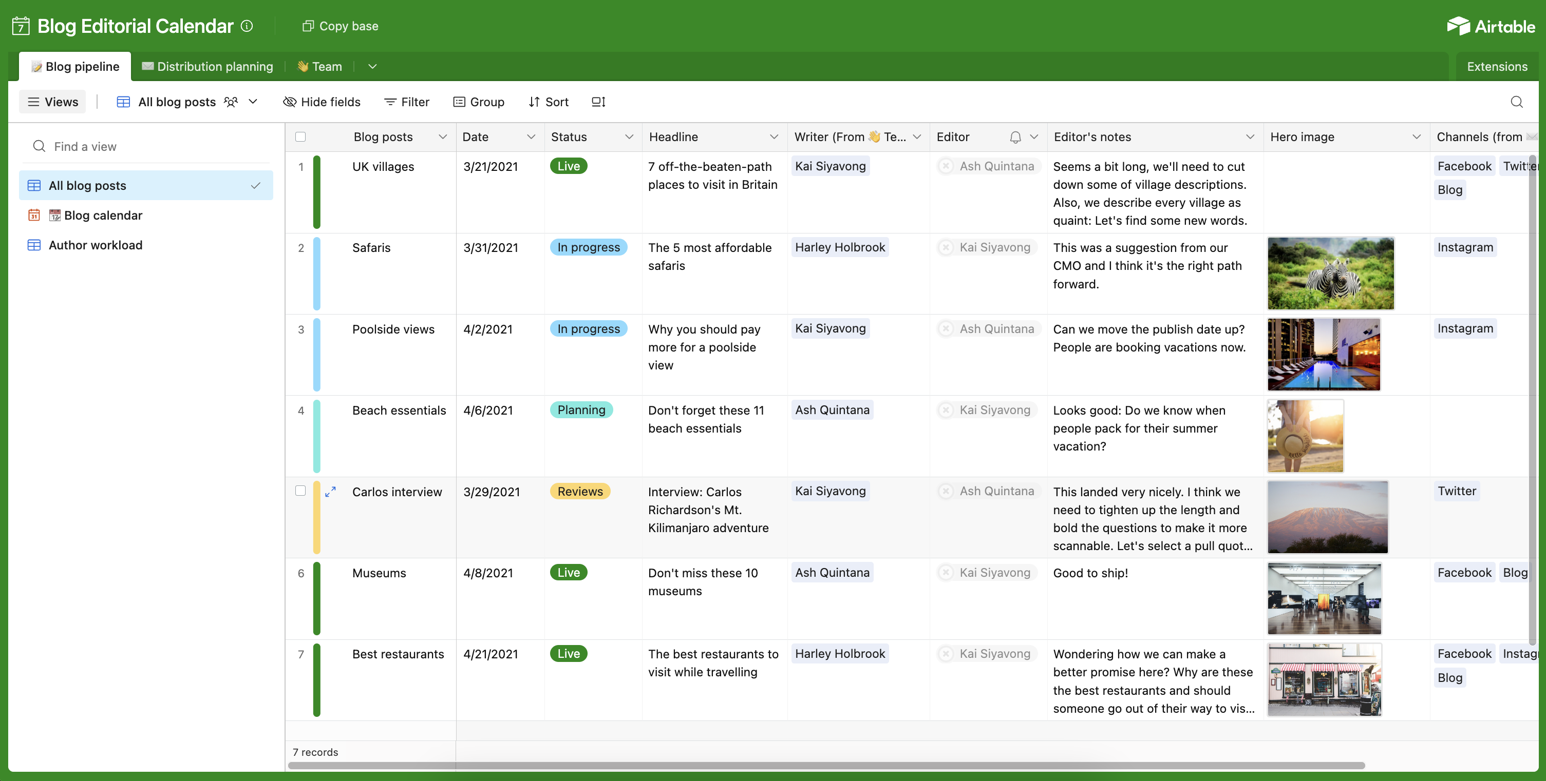 A look into an Airtable base, which looks like a spreadsheet, filled with blog editorial data.